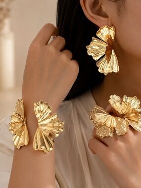 Gold Floral Statement Earrings and Bracelet Set 5 pcs- Women's Jewelry